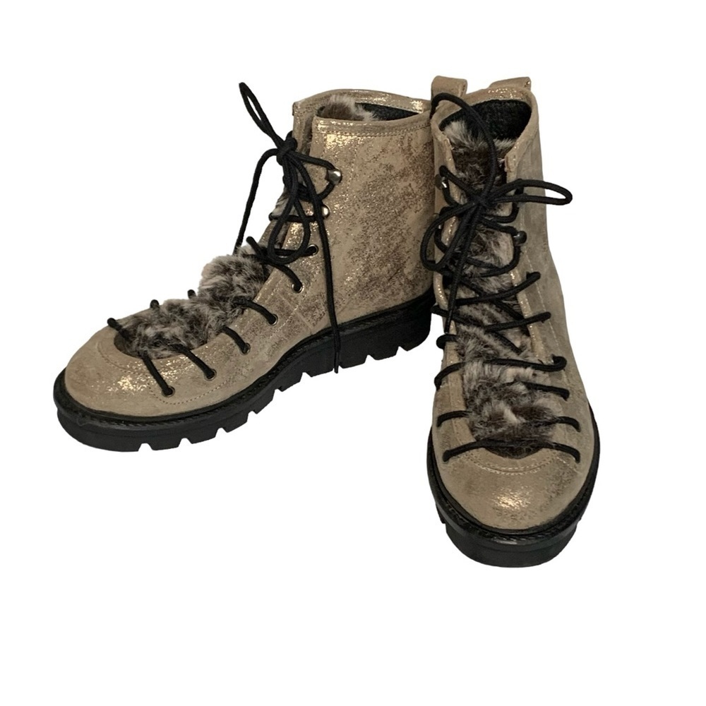 Seychelles IB01263 Resource Platinum Metallic Faux Fur Suede Combat Boots Size 7
